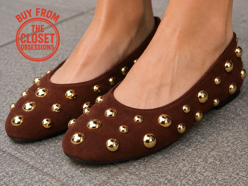 Zara NWT Brown Suede Gold Studded Ballet Flats 10